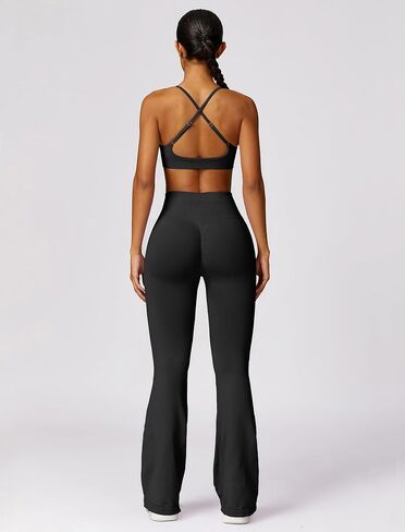 Workout set for women V Neck Adjustable Cami Straps Bra and High Waist Flared Leggings Running sets for women in Saudi Arabia