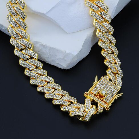 18k Gold Cuban Link Chain Miami Cuban Necklace Silver Rhinestone Chain Iced Out Hip Hop Jewelry for Women in Saudi Arabia