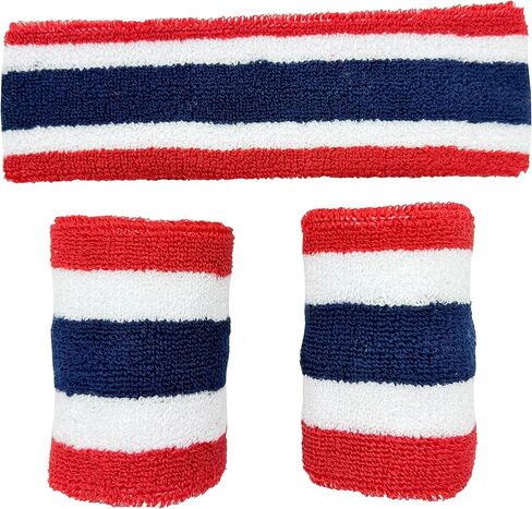 مجموعة عصابات الرأس وأساور المعصم، عصابات الرأس للرجال والنساء، عصابة رأس ماصة للرطوبة، عصابات رأس لكرة القدم للفتيات والأولاد، عصابة رأس رياضية للتمرين (أحمر، أبيض، أزرق، أبيض، أحمر) in Kuwait