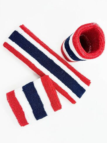 مجموعة عصابات الرأس وأساور المعصم، عصابات الرأس للرجال والنساء، عصابة رأس ماصة للرطوبة، عصابات رأس لكرة القدم للفتيات والأولاد، عصابة رأس رياضية للتمرين (أحمر، أبيض، أزرق، أبيض، أحمر) in Kuwait