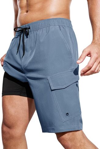 SILKWORLD Mens Swim Trunks with Compression Liner 9 Inch Bathing Suits Quick-Dry Swimming Beach Shorts with Cargo Pockets in Saudi Arabia