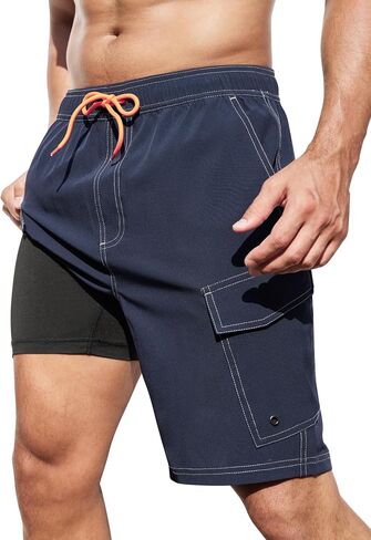 SILKWORLD Mens Swim Trunks with Compression Liner 9 Inch Bathing Suits Quick-Dry Swimming Beach Shorts with Cargo Pockets in Saudi Arabia
