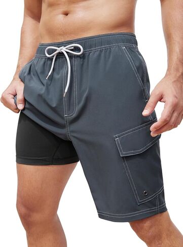 SILKWORLD Mens Swim Trunks with Compression Liner 9 Inch Bathing Suits Quick-Dry Swimming Beach Shorts with Cargo Pockets in Saudi Arabia