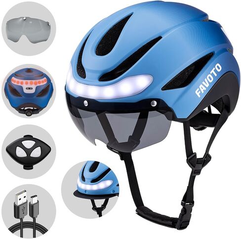 Favoto Bike Helmet with Turn Signals - CPSC Certificated Dual Shell Helmet with Removable Visor & Goggles USB Rechargeable Front and Back LED Lights, Blue in Kuwait