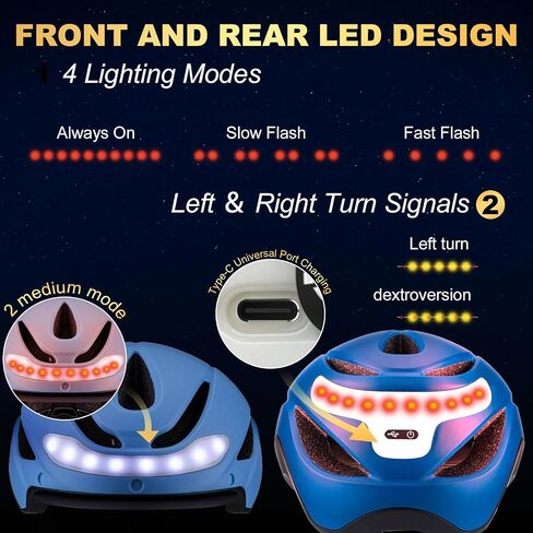 Favoto Bike Helmet with Turn Signals - CPSC Certificated Dual Shell Helmet with Removable Visor & Goggles USB Rechargeable Front and Back LED Lights, Blue in Kuwait