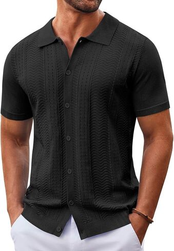 COOFANDY Mens Knit Button Down Shirt Short Sleeve Summer Casual Shirts Vintage Beach Vacation Shirts in Kuwait