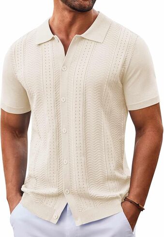 COOFANDY Mens Knit Button Down Shirt Short Sleeve Summer Casual Shirts Vintage Beach Vacation Shirts in Saudi Arabia