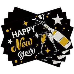 Seliem Happy New Year 2025 Black Gold Placemats Set of 4, Golden Champagne Stars Celebration Dining Table Place Mats, Christmas Kitchen Decor Home Decoration 12 x 18 Inch