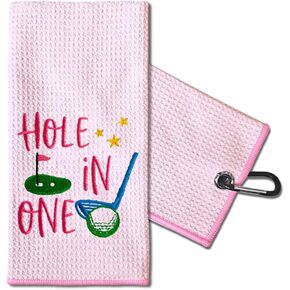 TOUNER Hole in One Embroidered Golf Towels for Golf Bags with Clip, Funny Pink Golf Towel Gifts for Aunt Sister Girlfriend Daughter, Golf Accessories for Women Golf Fan, Mother's Day Birthday Gifts