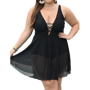 Plus Size Swimdress for Curvy Women Lightweight Material Loose Fit Swimsuit Deep V Neck One Piece Bathing Suits