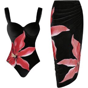 Verdusa Women's Floral Print Backless One Piece Swimsuit with Beach Cover Up Skirt