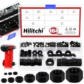 Hilitchi 164PCS Black Nylon Hex Nuts M2 M2.5 M3 M4 M5 M6 M8 M10 M12 M14 Metric Coarse Thread Nylon Hexagon Nuts Assortment Kit for Industrial Home Automotive Construction Fasteners