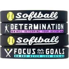 (4-Pack) Softball Silicone Bracelets with Motivational Sports Quotes - Set of 4 Inspiring Silicone Rubber Wrist Bands - Unisex Softball Gifts Jewelry Accessories for Men Women