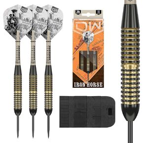 DW Ironhorse Brass Metal Tip Darts, 20G / 22G / 24G | Steel Tip Dart Set with Storage Case Wallet, Black & Gold Darts, Metal Points, Professional Darts Accessories