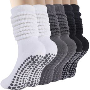 BISOUSOX Pilates Socks with Grips for Women, Yoga Grippy Slouch Scrunch Barre Non Slip Long Socks for Hospital Workout