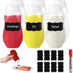 WCHOSOZH 6Pcs Condiment Squeeze Bottles for Sauces, 11OZ Hot Sauce Bottles with Cap, Clear Plastic Kitchen Ketchup Salad Dressing Dispenser for Liquids, Condensed Milk, BBQ Supplies HD PE BPA-free