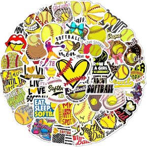 BEATRI Softball Stickers 50pcs Cute Motivational Vinyl Waterproof Stickers for Water Bottles,Helmets, Luggage, Softball Party Favors Softball Gifts for Girls Teens and Adults
