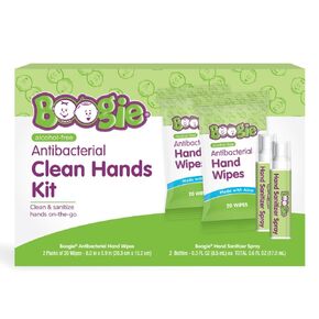 Boogie Hand Sanitizing Kit, Antibacterial Hand Wipes and Hand Spray, Alcohol Free, Hypoallergenic and Moisturizing Aloe, 20 Count Wipes (Pack of 2) and 0.3 Ounce Spray (Pack of 2)