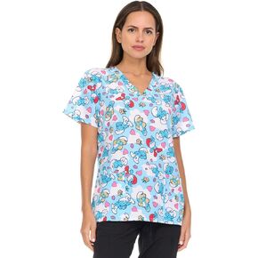 The Smurfs Women's All Over Print, V-Neck Scrub Top with Pockets - Comfortable Work Uniform