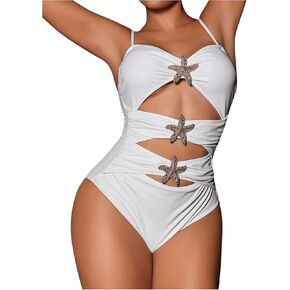 WDIRARA Women's Cut Out One Piece Swimsuit Ruched Applique Monokini Spaghetti Strap Swimwear