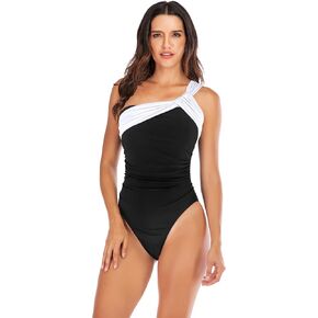 YELAIVP One Shoulder One Piece Swimsuit Women Tummy Control Bathing Suits Ruched Color Block Modest Swimwear