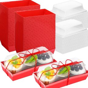 100 Pcs Valentine's Day Charcuterie Boxes with Clear Lids and Rope 7.5'' Mothers Day Rectangle Cookie Boxes Disposable Red Dessert Boxes for Bakery Macaron Cookies Strawberries Fruits Display