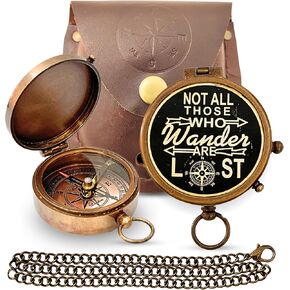 Brass Compass Unique Print 'Not All Those Who Wander are Lost' Engraved Compass with Leather Case and Chain A Great Gift Item for Your Loved One