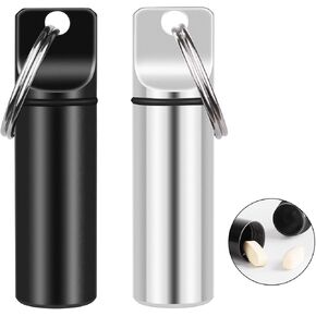 2 Pack Small Pocket Pill Box Keychain, Portable Mini Aluminium Alloy Pill Organizer Case Container for Purse, Waterproof Metal Pill Holder Medicine Bottle for Outdoor Camping Travel (Black & White) 1