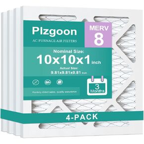 10x10x1 Air Filter MERV 8 (4 Pack) MPR 600 Pleated AC Furnace Filters Replacement (Exact Dimensions: 9.81"L x 9.81"W x 0.81"Th) Compatible with Air Conditioner AC HVAC Furnace