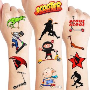 Scooter Tattoos المؤقتة - 100pcs Scooter Sports Game ملصقات لوازم عيد ميلاد الأطفال ، والزخارف ، والفضلات ، والجوائز - هدايا لطيفة للبنين والبنات ، Orange