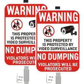 2 Pack No Dumping Sign, Property Protected By Video Surveillance Sign with 36" Alloy Stakes, 14" x 10" Warning Sign, Rust Free &Fade Resistant Heavy Reflective Aluminum,Included Mounting Screw Kit.