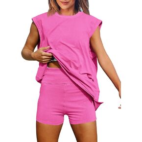 Fisoew Womens Summer 2 Piece Outfits Casual Short Sleeve Slit Tunic Tops High Waisted Shorts Workout Tracksuits Short Sets