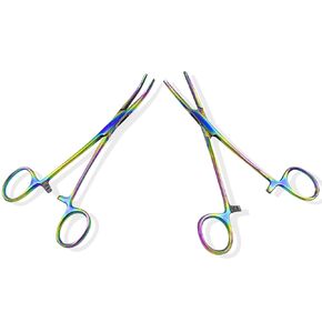 2 Hemostat Curved and Straight Hemostat Forceps Piercing Pliers Multi Color Rainbow Forceps with Serrated Jaws, 5.5 Inch Stainless Steel Straight and Curved Pliers,Fishing Tweezer Hemostats