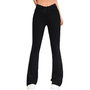 Verdusa Women's Ruched Flare Wide Leg Yoga Scrub Lounge Pants Drawstring High Waisted Knitted Bell Bottoms