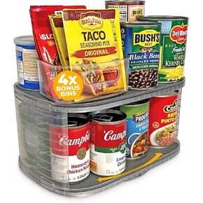 Kitchen Organizer for Canned Goods: 2-Tiered Robust Turntable Organizer for Cabinet/Pantry. Steel Reinforced Holds Up To 30 lbs. Rotates 360° for Maximum Visibility. Includes 4 Bonus Bins