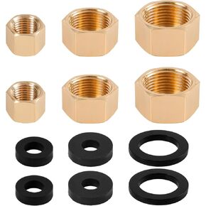 6pcs Brass Pipe Cap with 6 Rubber Gasket, Brass Nut Gas line Water line Stop Valve Cap Pipe Plug Hex Compression Cap End Cap Plumbing Fittings for 1/4 3/4 3/8 Inch Od Pipe Connection