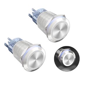 Latching Push Button Switch 3V 6V Waterproof Stainless Steel Metal 3/4" Mounting Hole White LED SPST Switch for Electrical Equipment, 2 Pcs, Flat Round