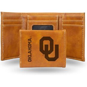 Rico Industries NCAA Oklahoma Sooners Men's Tri Fold Brown Wallet- Premium 10 Pocket Laser-Engraved Team Logo on Vegan Leather- Minimalist Design, Flip ID Window, Credit Card Holder- Ideal Men's Gift