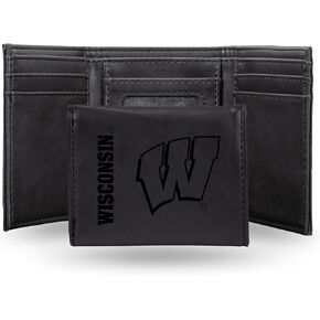 NCAA Wisconsin Badgers Men's Tri Fold Black Wallet- Premium 10 Pocket Laser-Engraved Team Logo on Vegan Leather- Minimalist Design, Flip ID Window, Credit Card Holder- Ideal Men's Gift