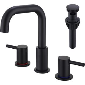 3 Hole Black Sink Faucet Bathroom, 8 in Matte Black Wide Spread Bathroom Sink Faucet with Pop Up Drain and Supply Lines, Stainless Steel 2 Handle Black Bathroom Faucet for Vanity