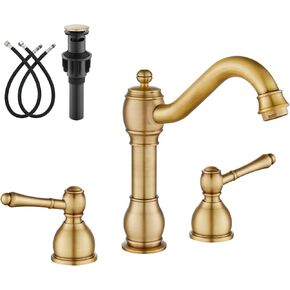 gotonovo 8 Inch Widespread Bathroom Faucets for Sink 3 Hole 2 Lever Handle Deck Mount with Pop Up Drain Hot and Cold Water Supply Lines Antique Brass
