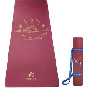 WiseLife Printed Yoga Mat + Yoga strap (TPE Material 6mm Extra thick Extra long and wide Exercise mat for workout, fitness, yoga and pilates) (Sun Salutation)