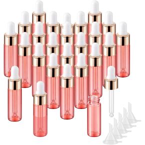 JIUWU Pink Oil Vial 1/6 Oz,5Ml Oil Dropper Glass Vials,Mini Dropper Bottles with 5 Funnels,25 Pack Essential Oil Bottles with Dropper for Cuticle Oil,Mini Dropper Bottles for Flower Oils/Peach oil