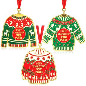 Kathfly 3 Pcs Christmas Ugly Sweater Metal Medal Award 1st 2nd 3rd Place Award Medals for Ugly Sweater Contest Includes Neck Ribbon Christmas Tree Ornaments for Xmas Holiday Party Favors (Stylish)