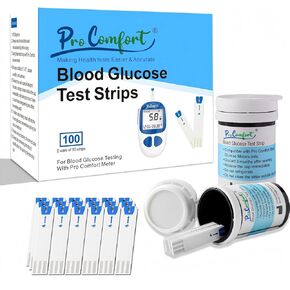 Blood Glucose Test Strips for Diabetes 100 Count Blood Sugar Test Strip, Used with Pro Comfort Glucose Monitor Only, No Coding