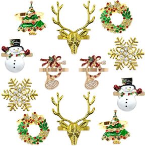Christmas Napkin Rings, Set of 12 Xmas Napkin Ring Holders Metal Rings with Christmas Tree Wreath Trumpet Snowman Snowflake for Christmas New Year Holiday Dinner Party Home Table Dinning Decoration