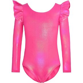 Nymphperi Girls Leotards for Gymnastics Size 3-4t One Piece Bodysuit Rainbow Hot Pink Ruffle Long Sleeve Gym Outfits