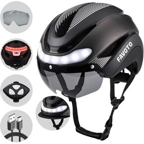 Favoto Bike Helmet with Turn Signals - CPSC Certificated Dual Shell Helmet with Removable Visor & Goggles USB Rechargeable Front and Back LED Lights, Titanium