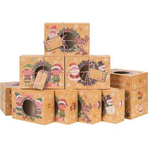 Moretoes 12pcs Christmas Cookie Boxes for Gift Giving 8.25x6x2.75 Bakery Boxes with Window, Xmas Treat Boxes with Ribbons and Gift Tags for Cupcakes, Donuts, Candy