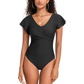 Hilor Women's Underwire One Piece Swimsuits Short Sleeve Tummy Control Bathing Suits V Neck Ruffle Swimwear